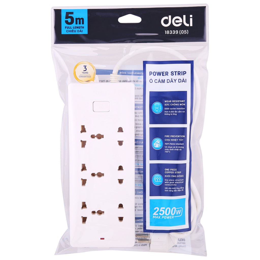 Ổ cắm điện 6 ổ cắm, dây dài 5m deli E18339(05)